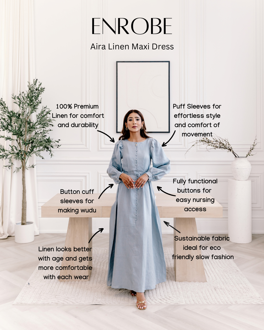 100% Linen Aira Maxi Dress - Sand