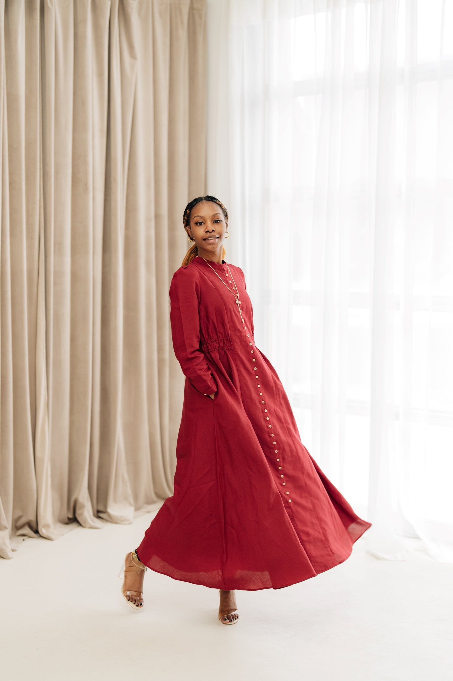 Lara Linen TENCEL„ Maxi Dress - Aesthetic Maroon